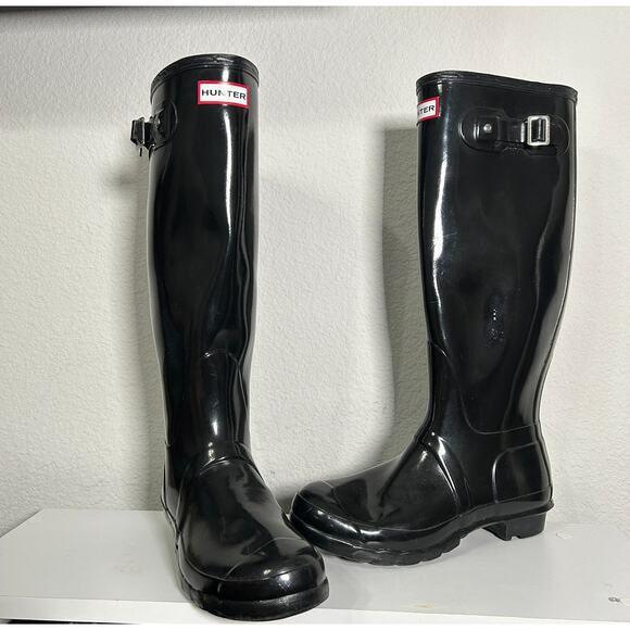 Hunter Original Tall Gloss Rain Boots Black Classic Black Women's Size 8 - Picture 3 of 13